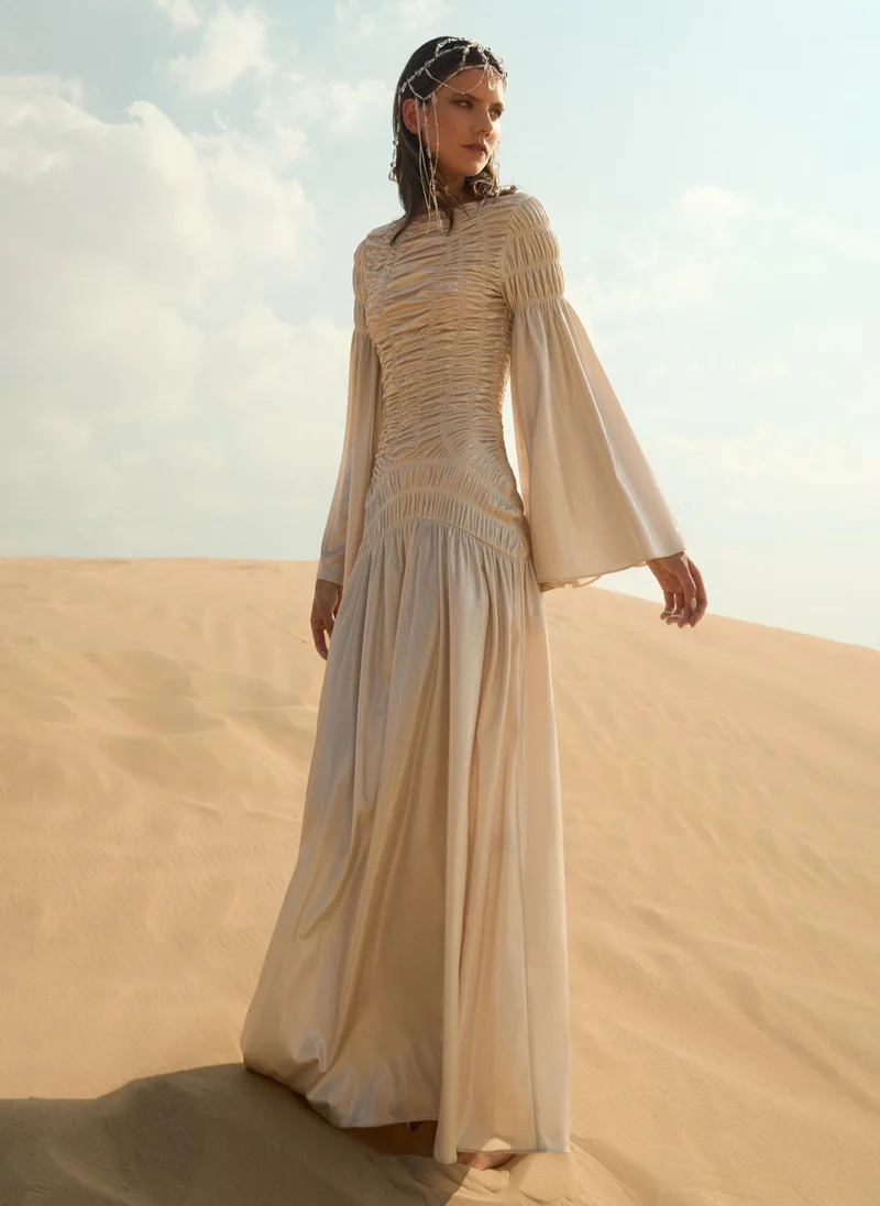Lichi Metallic maxi dress with gathers on the bodice and shoulders