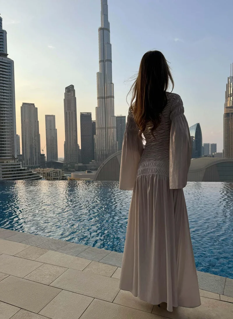 Lichi  Metallic maxi dress with gathers on the bodice and shoulders for Women | Best Price UAE