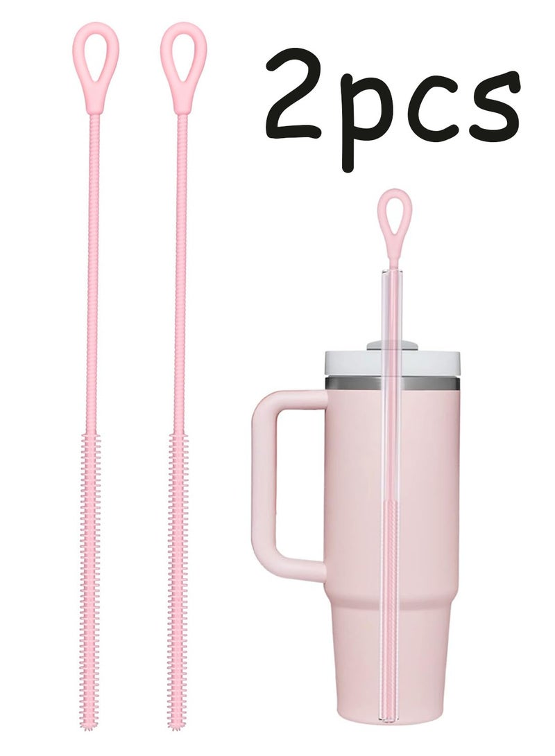 2 Pcs Silicone Straw Cleaner Brush, Extra Long Handled with Hanging Loop Straws Cleaner Brush for Washing Stanley Straw Narrow Neck Water Bottles Jars Teapot Spout, Pink - Image 1