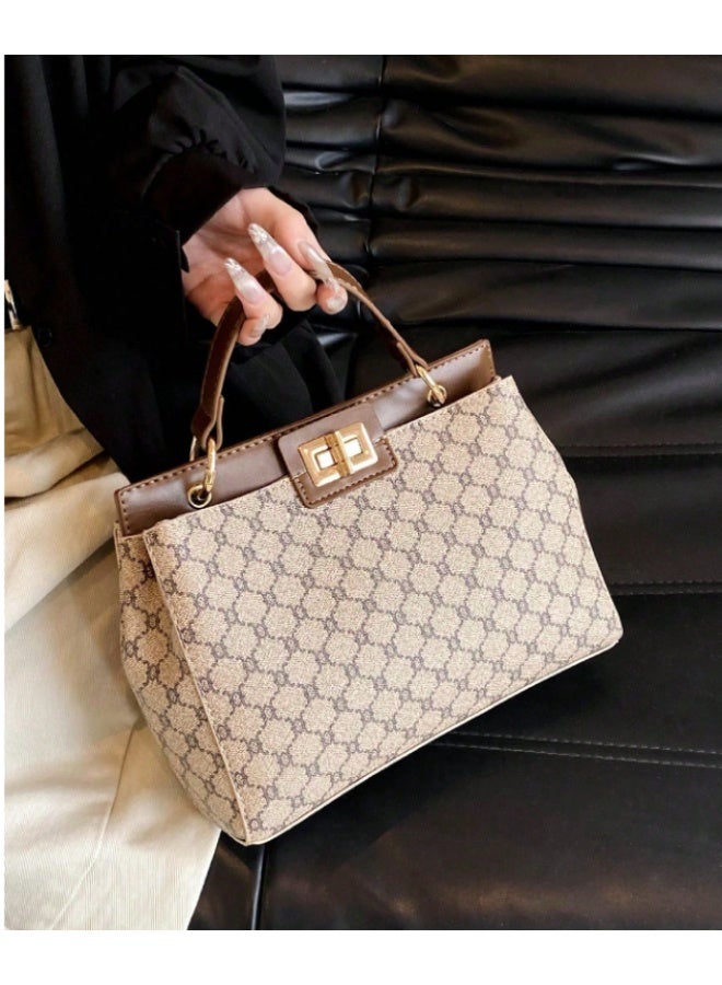 ANUM BY MUNA Elegant Monogram Patterned Handbag - Classic Structured Top-Handle Bag with Gold-Tone Turn-Lock Closure - Image 4