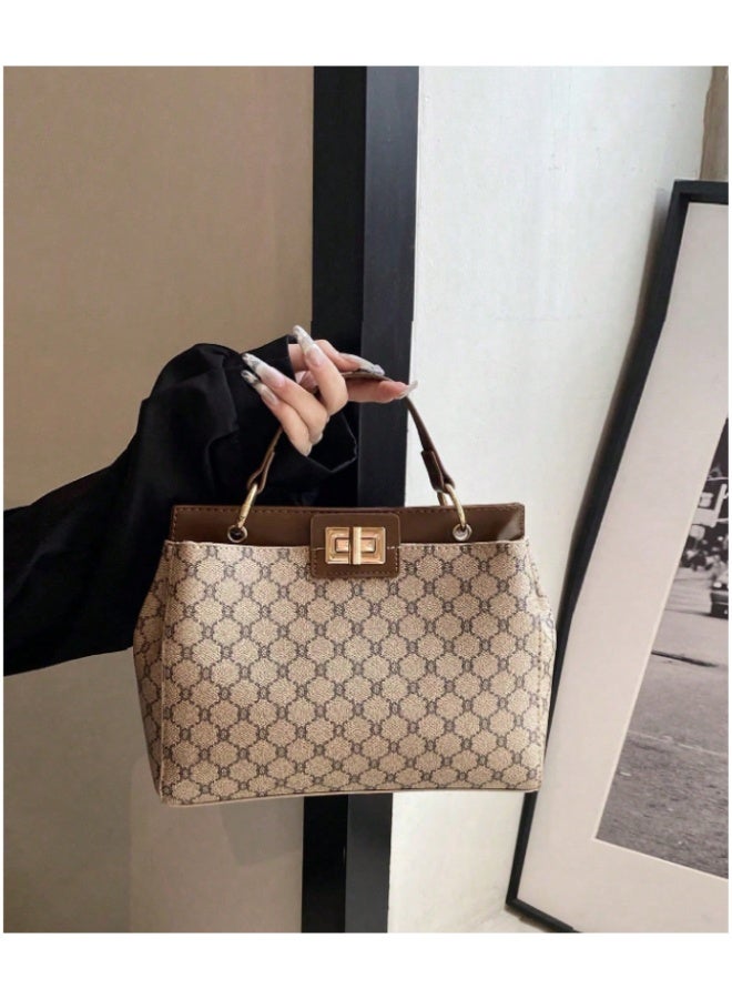 ANUM BY MUNA Elegant Monogram Patterned Handbag - Classic Structured Top-Handle Bag with Gold-Tone Turn-Lock Closure - Image 5