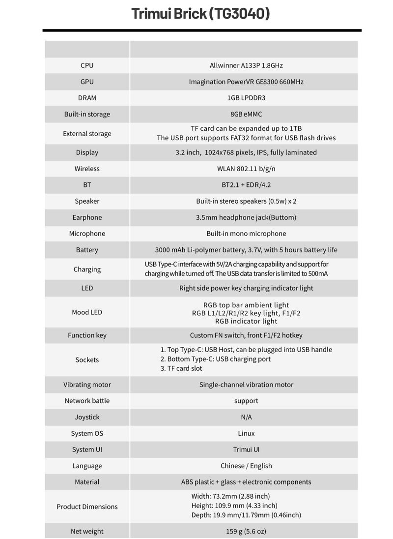 Generic - Trimui Brick Handheld Game Linux Console T3040 Portable Open-Source Allwinner A133P PowerVR GE8300 3.2 inches IPS Full-fit Screen Built-in Mono Microphone 3000mAh - Image 1