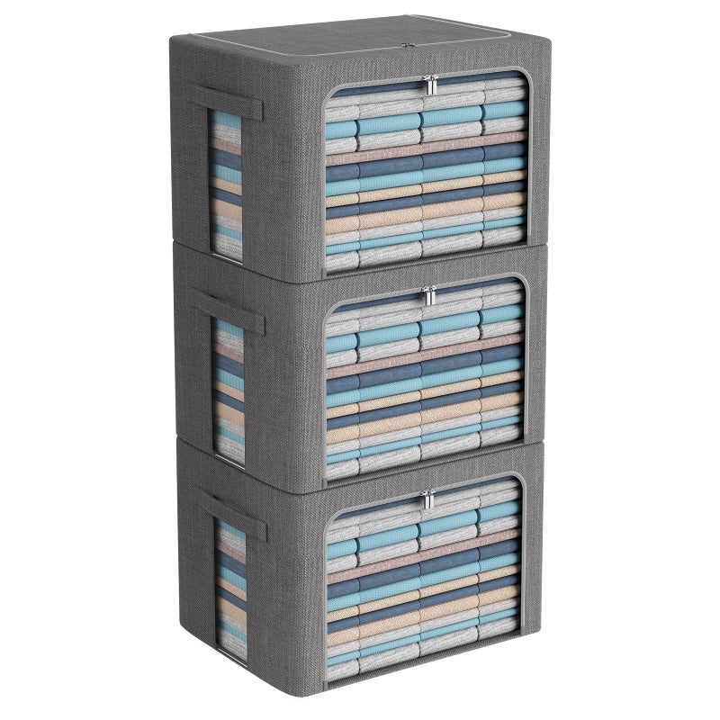 3Pack Foldable Storage Bins  Frame Storage Box Linen Fabric Stackable Clothes Container Organizer with Clear Window  Carry Handles Large Capacity Extra Large100L Dark Gray