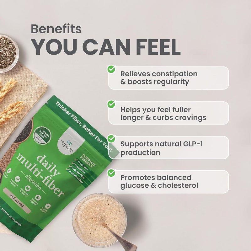 nbpure Daily Fiber Powder Blend for Digestive Health Cholesterol Support Healthy Weight Management  with Prebiotic Insoluble Soluble Fiber  4 Probiotic Strains Savory Mocha Gusset 45 Servings - Image 4
