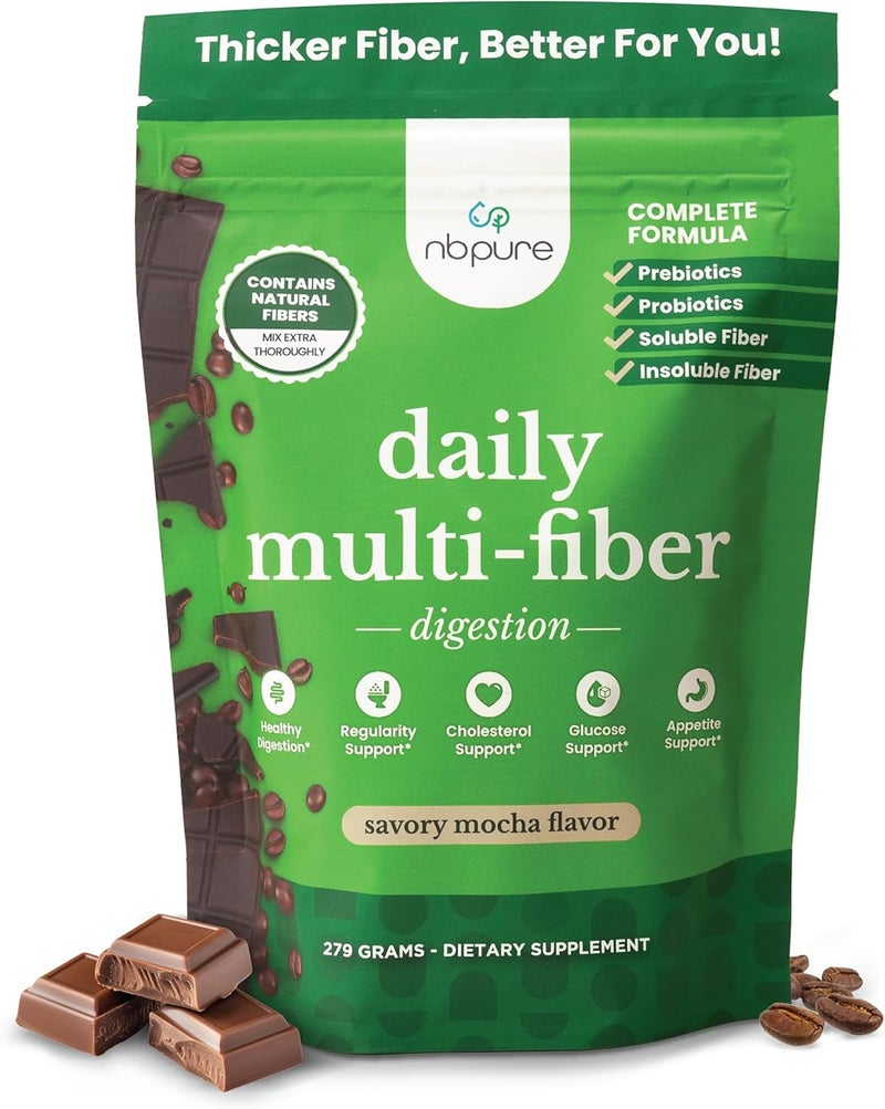 nbpure Daily Fiber Powder Blend for Digestive Health Cholesterol Support Healthy Weight Management  with Prebiotic Insoluble Soluble Fiber  4 Probiotic Strains Savory Mocha Gusset 45 Servings - Image 1