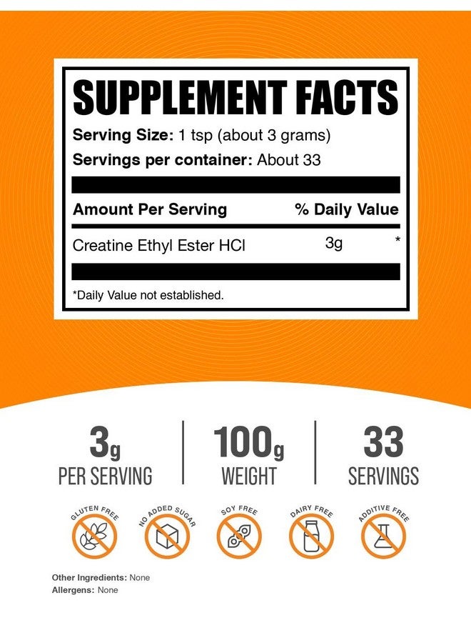 BulkSupplements مسحوق كرياتين إيثيل إستير HCl من BulkSupplements.com - مكمل كرياتين، مسحوق كرياتين إيثيل إستير - بدون نكهة وخالي من الغلوتين، 3 جرام لكل حصة، 100 جرام (3.5 أونصة) (عبوة من 1) - Image 2
