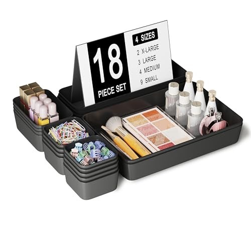 Homhut Plastic Drawer Organizers, 18 PCS Drawer Organizer Bins, Bathroom and Vanity Organizer Plastic Tray, Makeup organizer and storage for Makeup, Bedroom, Kitchen Gadgets Utensils and Office (Black) - Image 1