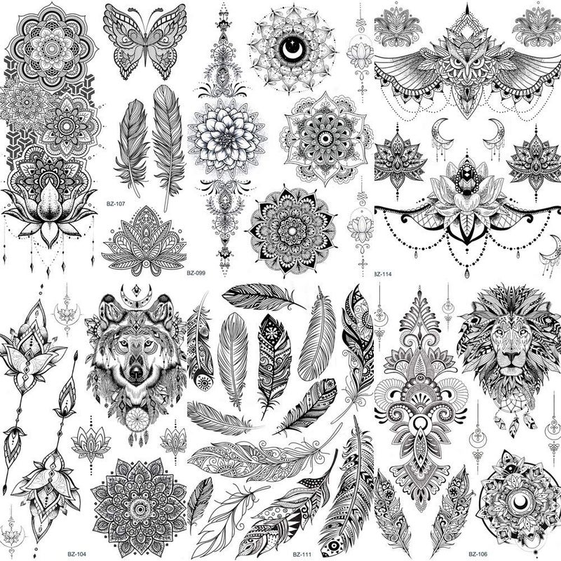 COKTAK 6 Pieces/Lot Unique Black Henna Temporary Tattoo Stickers For Adults Women Girls Feather Mandala Flower Body Art Large Big Arm Tattoos Sheet Lace Indian Mehndi Sexy Wedding Tatoos OWL - Image 1