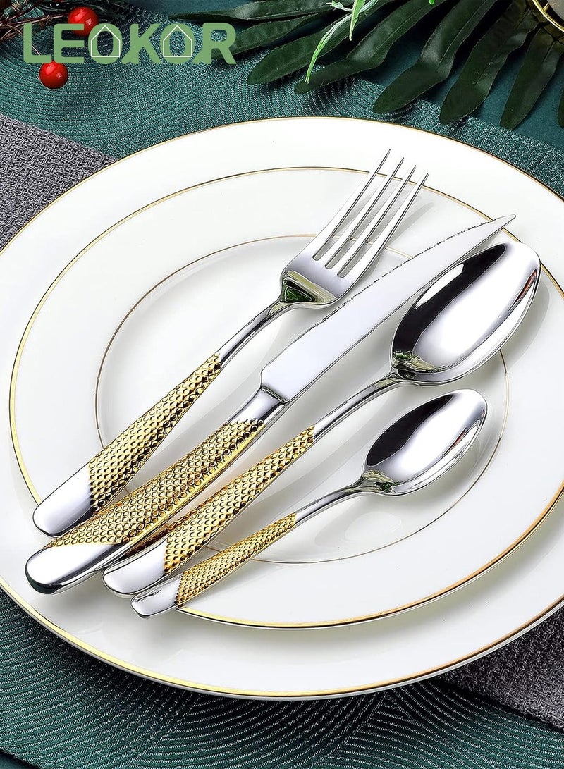LEOKOR 24 Pieces Tableware Flatware Kit Stainless Steel Kitchen Utensils Set for 6 Persons Silver/Gold 9.13 inch  - Image 3