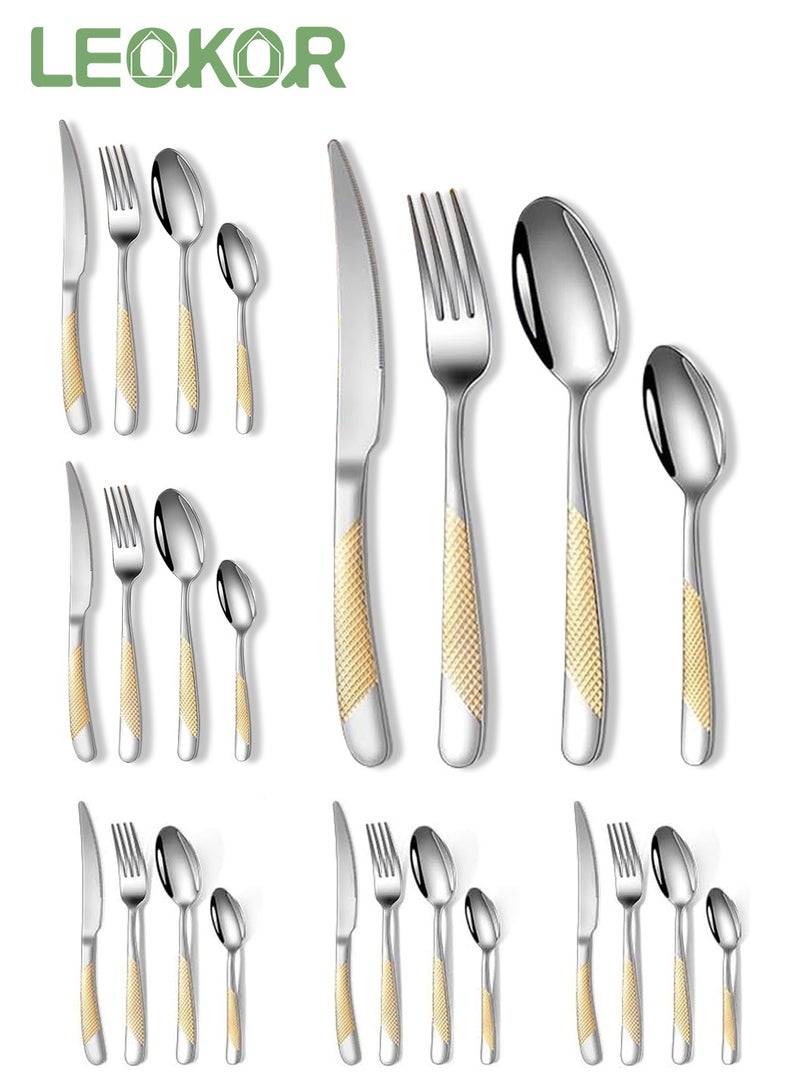 LEOKOR 24 Pieces Tableware Flatware Kit Stainless Steel Kitchen Utensils Set for 6 Persons Silver/Gold 9.13 inch  - Image 1