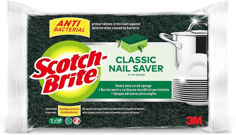 Scotch Brite Antibacterial Heavy Duty Classic Nail Saver Scrub Sponge, 1 unit/pack | Kitchen sponge | Dish sponge | Scrub | General Cleaning | Food Safe | Non-Rusting | Kitchen, Garage, Outdoor - Image 1