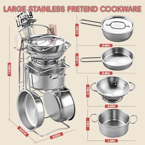 Shimirth Play Kitchen Accessories Large Stainless Steel Toddler Cooking Set Kids Kitchen Playset with Cutting Play Food Condiments Chef Apron Hat Service Bell Toy Food with 2 Baskets Boys Girls Gifts - Image 5