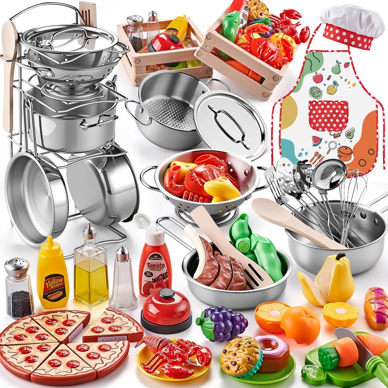 Shimirth Play Kitchen Accessories Large Stainless Steel Toddler Cooking Set Kids Kitchen Playset with Cutting Play Food Condiments Chef Apron Hat Service Bell Toy Food with 2 Baskets Boys Girls Gifts - Image 3