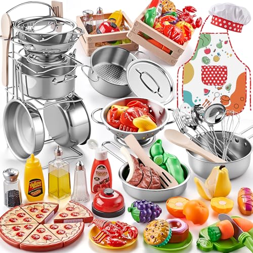 Shimirth Play Kitchen Accessories Large Stainless Steel Toddler Cooking Set Kids Kitchen Playset with Cutting Play Food Condiments Chef Apron Hat Service Bell Toy Food with 2 Baskets Boys Girls Gifts - Image 1