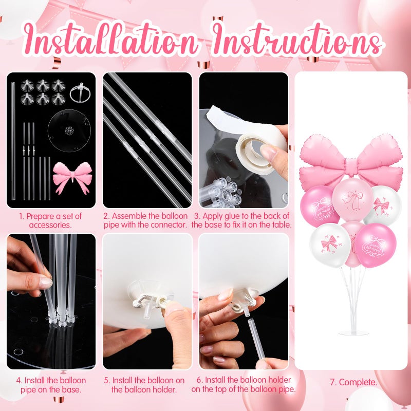 Kasyat 2 Sets Pink Bow Birthday Party Decorations Bow Balloon Centerpieces for Tables Coquette Birthday Pink and White Balloon Stand Kit for Bridal Princess Party Decorations - Image 4