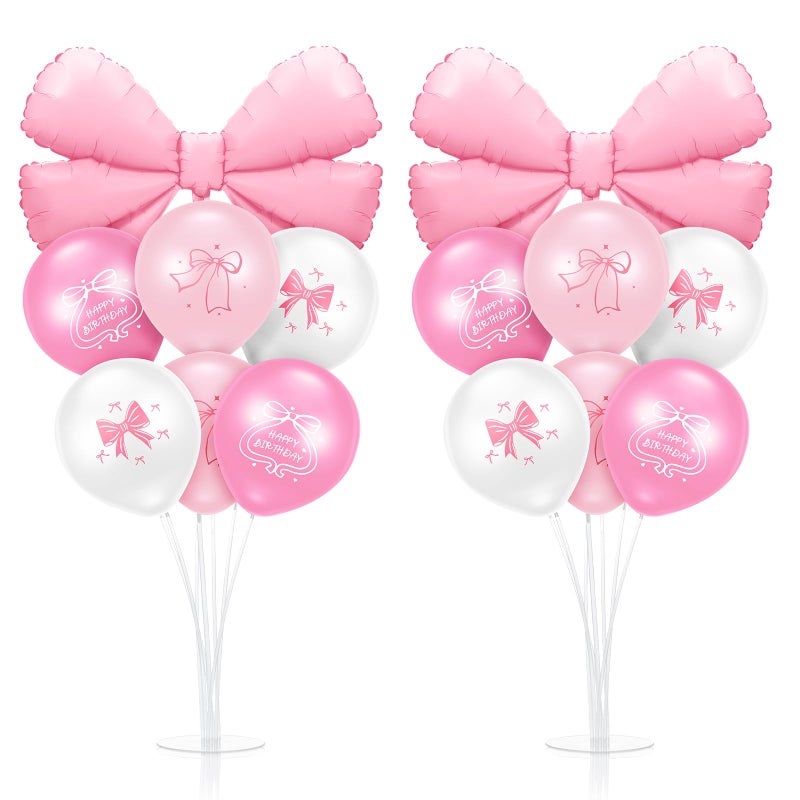 Kasyat 2 Sets Pink Bow Birthday Party Decorations Bow Balloon Centerpieces for Tables Coquette Birthday Pink and White Balloon Stand Kit for Bridal Princess Party Decorations - Image 1