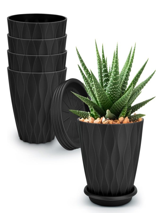 YNNICO 4 inch Plant Pots, 5 Pack Flower Pots Outdoor Indoor, Planters with Drainage Holes and Tray Saucers(Black) - Image 1