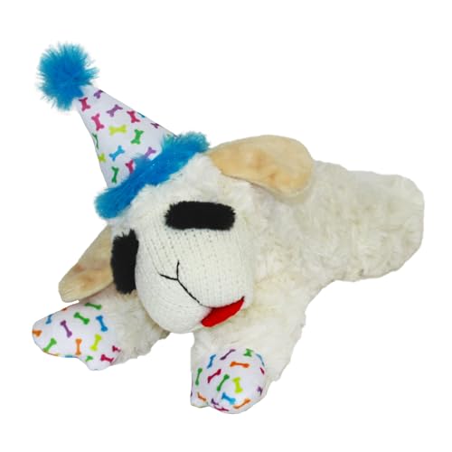 Multipet Lamb Chop Dog Plush Toy wBirthday Hat Squeaky Toy for All Dogs Extra Soft Plush Stuffed Animal for Cuddling Playing 105 Blue Hat 5 Squeakers - Image 1