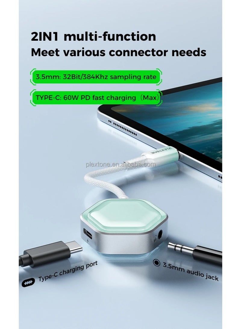 Plextone GS1 Pro 2-in-1 Type-C Adapter with 3.5mm Audio Jack for 32Bit/384KHz Hi-Res Audio, 60W PD Fast Charging Port, and Card Slot, Stylish Transparent Hexagon Design with Light Blue Gradient Color Cover - Image 4