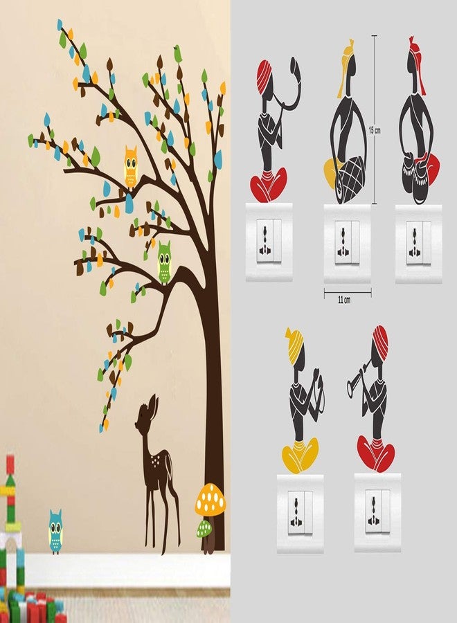 Walltech Combo Pack of Wall Stickers Brown Tree Cute Animals (Covering Area 92 x 81 cms) with Folk Band (Set of -5) Switch Board Sticker - Image 1