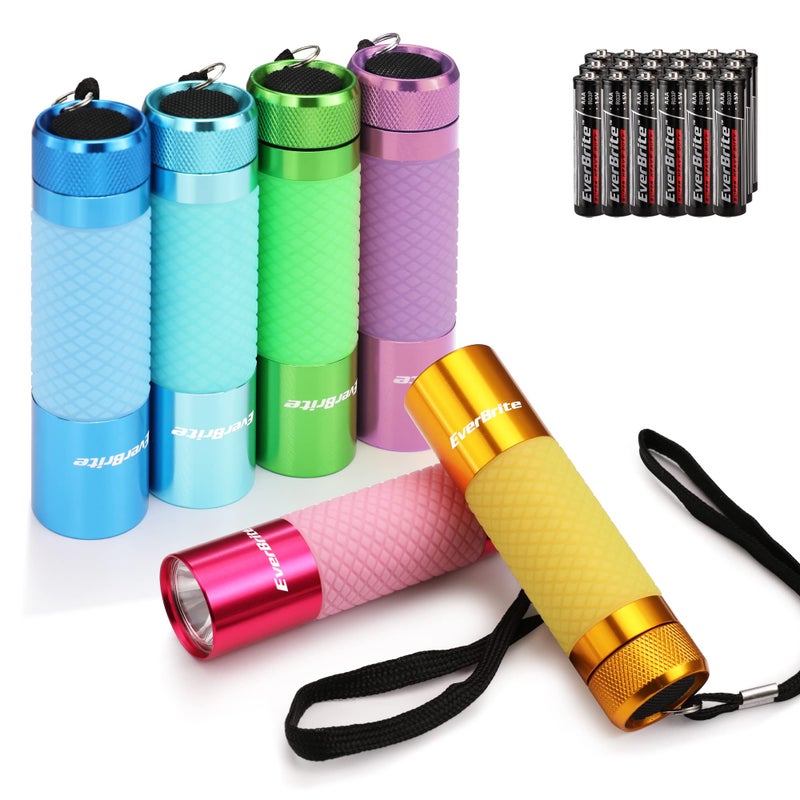 EverBrite 6-Pack Mini Flashlights, Glow in Dark Flashlights, Aluminum LED Flashlights Party Favors Assorted Colors for Camping, Hiking, Indoor, 18XAAA Batteries Included - Image 1