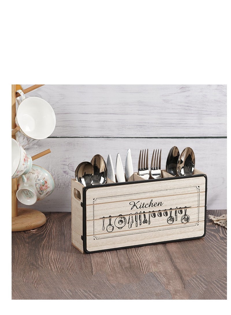 Wooden Silverware Holder, 4 Compartments Kitchen Utensil Holder for Countertop,Rustic Spoon Tools Storage Caddy Decoroon Decor - Image 3
