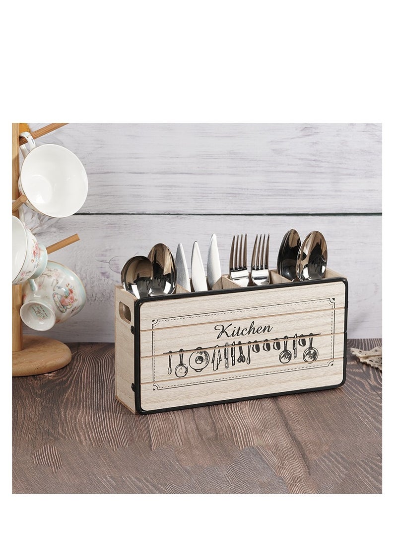 Wooden Silverware Holder, 4 Compartments Kitchen Utensil Holder for Countertop,Rustic Spoon Tools Storage Caddy Decoroon Decor - Image 1
