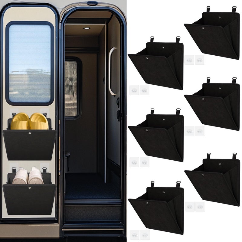 PUGPIU RV Camper Shoe Storage 6 Pack - Foldable Wall Mounted Shoe Rack Organizer - Self-Adhesive Rv Shoe Holder - Space Saving for Camper Essential Home Travel with Deep Pocket Fit 1 Pair Shoes, Black - Image 1