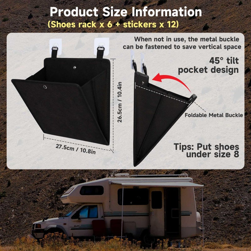 PUGPIU RV Camper Shoe Storage 6 Pack - Foldable Wall Mounted Shoe Rack Organizer - Self-Adhesive Rv Shoe Holder - Space Saving for Camper Essential Home Travel with Deep Pocket Fit 1 Pair Shoes, Black - Image 2