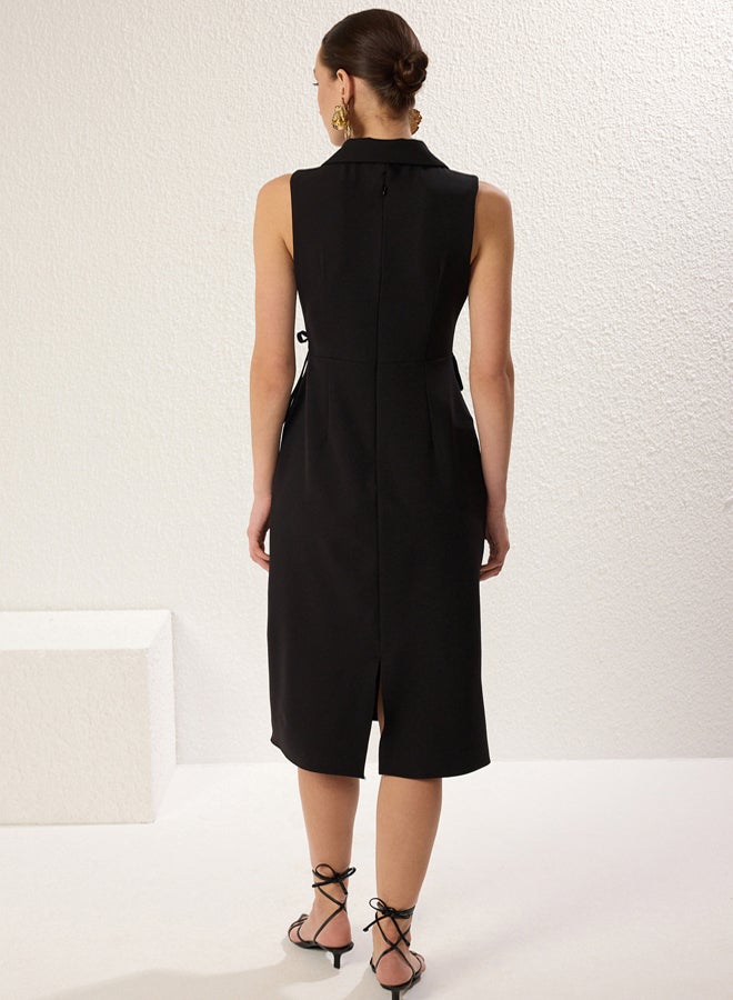 trendyol A-Line Black Midi Dress - Jacket Collar, Woven, - Image 5