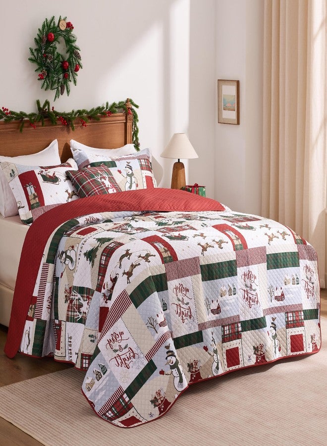 PPOLCA Christmas King Quilt Bedding Set, Snowman Printed Lightweight Reversible Bedspread Coverlet, 3-Piece Bed Cover Quilt with 2 Pillow Shams for All Season, Red - Image 5