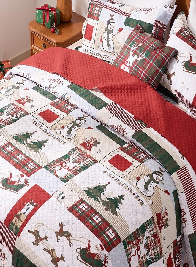 PPOLCA Christmas King Quilt Bedding Set, Snowman Printed Lightweight Reversible Bedspread Coverlet, 3-Piece Bed Cover Quilt with 2 Pillow Shams for All Season, Red - Image 4
