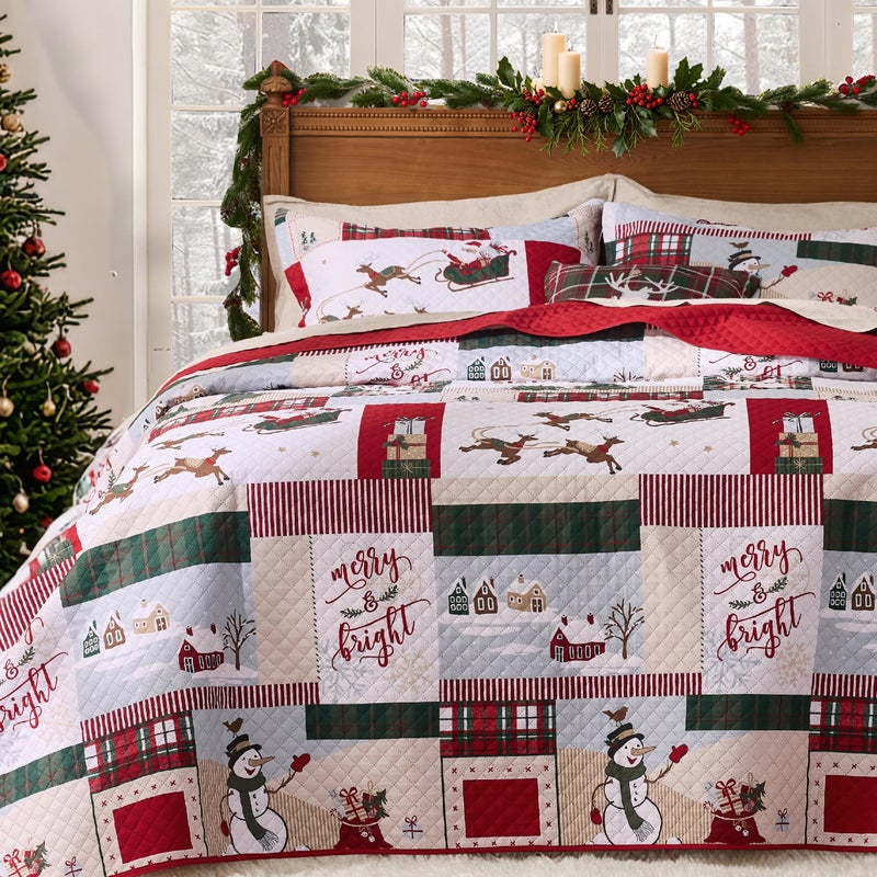 PPOLCA Christmas King Quilt Bedding Set, Snowman Printed Lightweight Reversible Bedspread Coverlet, 3-Piece Bed Cover Quilt with 2 Pillow Shams for All Season, Red - Image 1