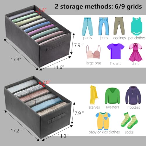 Ohlove 4Pcs Large Wardrobe Clothes Organizer, 6/9 Grids Foldable Jeans Closet Drawer Organizer Storage Box with Handles for Pants, T-shirts, Sweater, Scarves, Bras (17.3"x11.8"x7.9") - Image 4