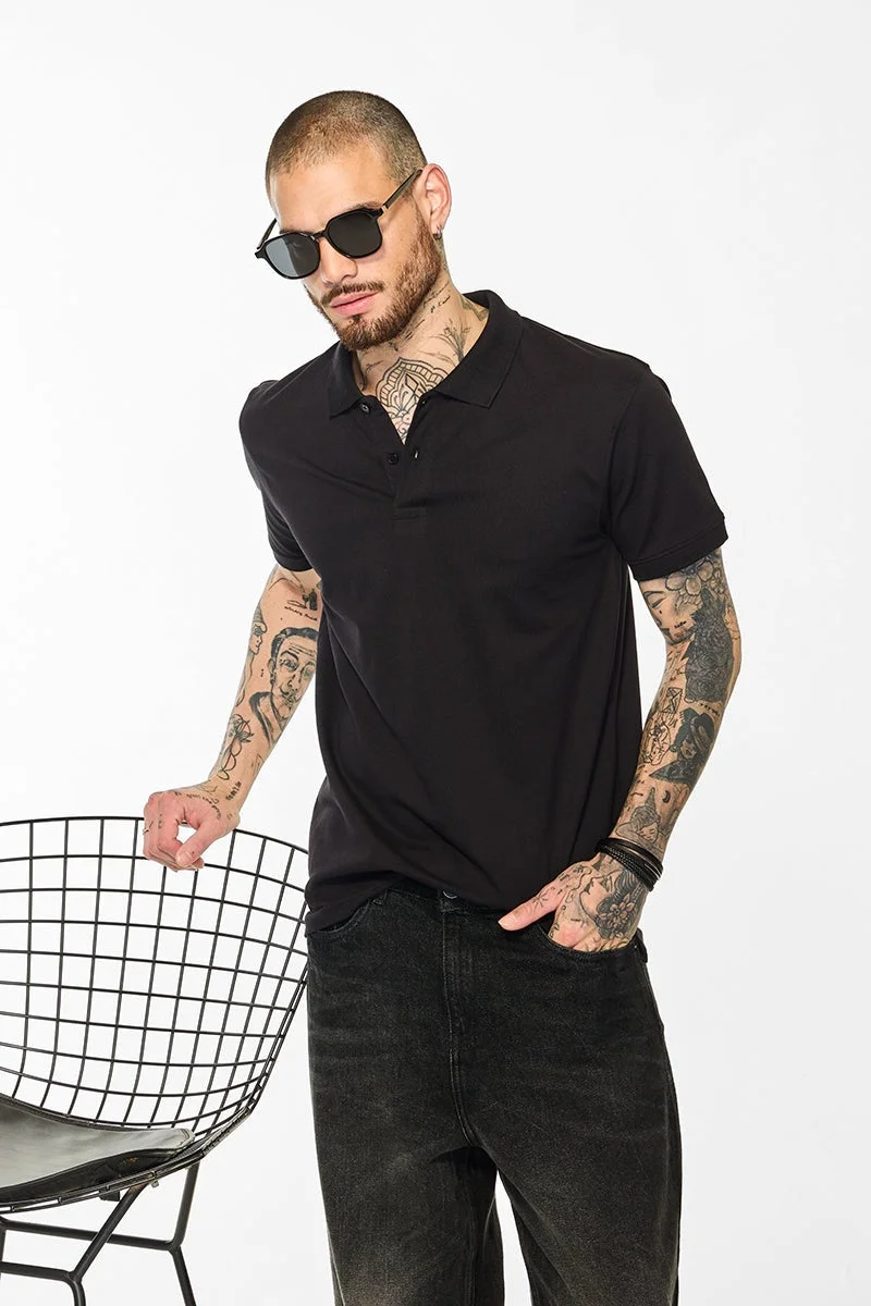 SNITCH Core Lab Black Solid Polo T-Shirt
