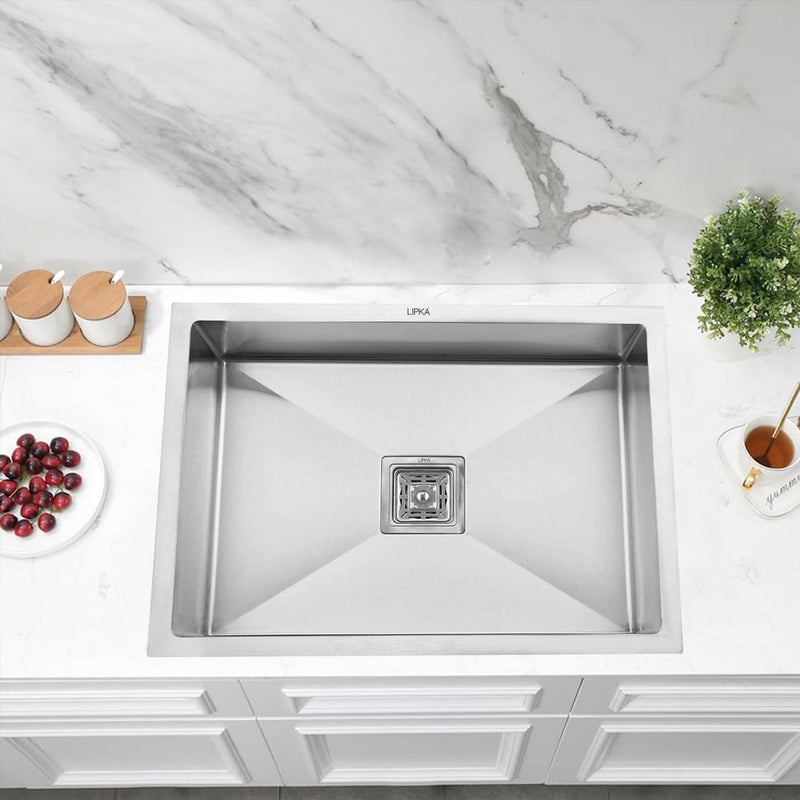 Lipka LIPKA Silver Range Premium Stainless Steel Handmade Single Bowl Kitchen Sink 24x18x10 Matte Finish with Waste Pipe Sink Coupling - Image 1