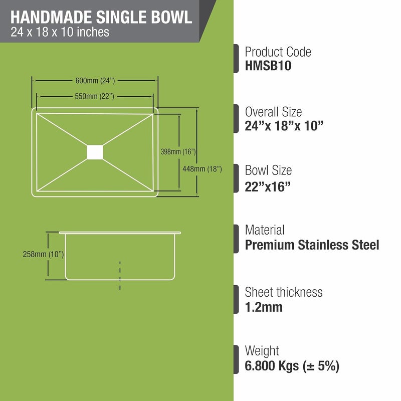 Lipka LIPKA Silver Range Premium Stainless Steel Handmade Single Bowl Kitchen Sink 24x18x10 Matte Finish with Waste Pipe Sink Coupling - Image 2