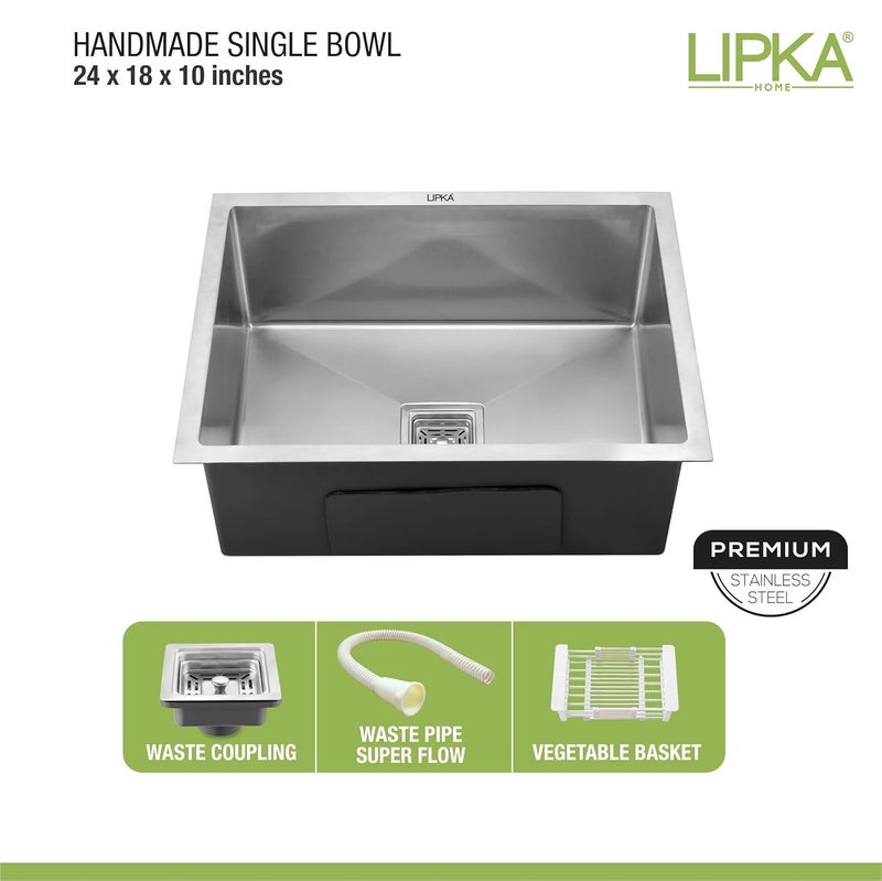 Lipka LIPKA Silver Range Premium Stainless Steel Handmade Single Bowl Kitchen Sink 24x18x10 Matte Finish with Waste Pipe Sink Coupling - Image 3