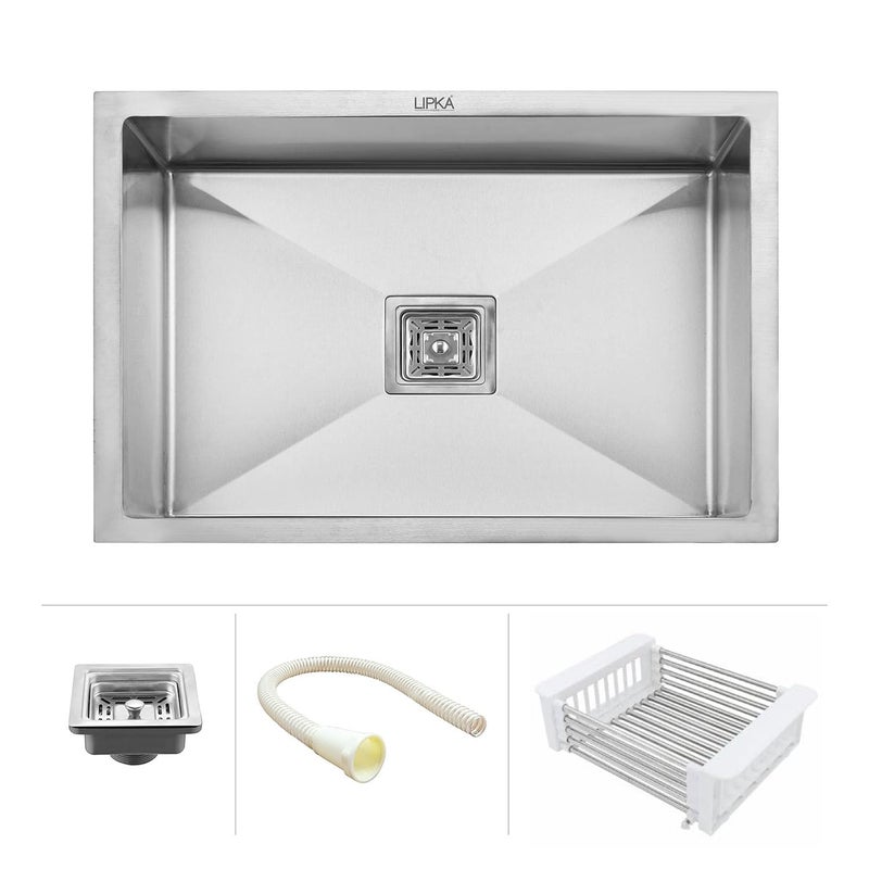 Lipka LIPKA Silver Range Premium Stainless Steel Handmade Single Bowl Kitchen Sink 24x18x10 Matte Finish with Waste Pipe Sink Coupling - Image 5