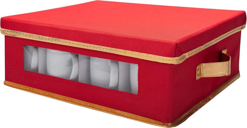Simplify Holiday 12 Count Mug and Cup Storage Box | Christmas China | Cardboard Inserts | 4 x 4 Inch Compartments | Tableware Setting | Red - Image 1