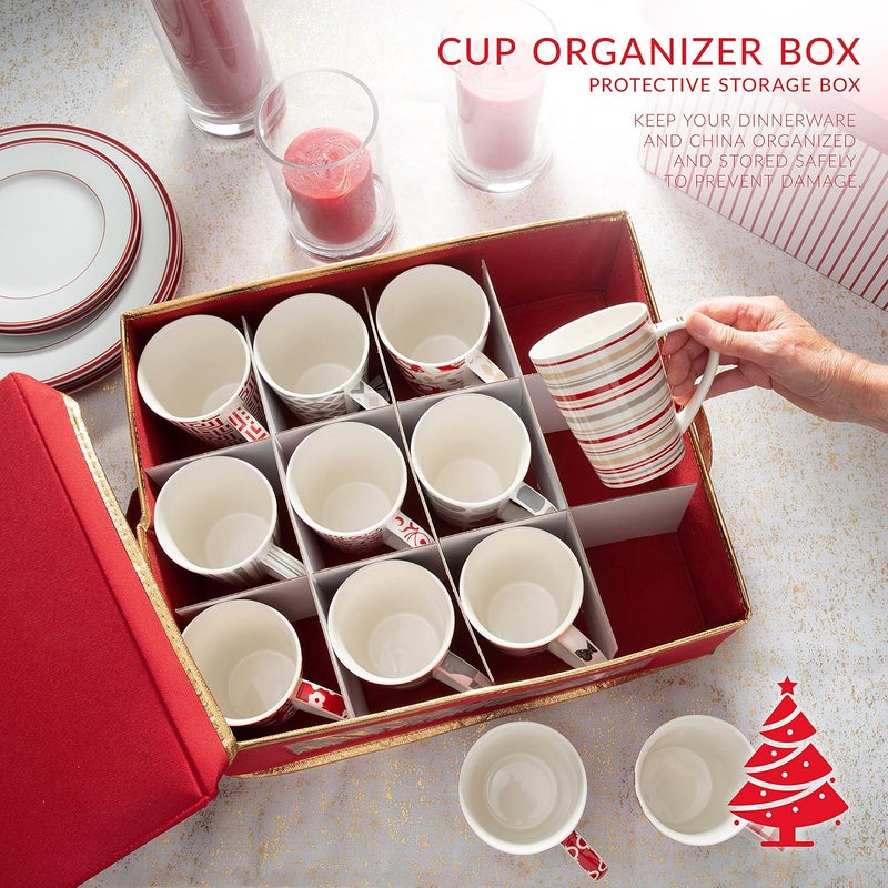 Simplify Holiday 12 Count Mug and Cup Storage Box | Christmas China | Cardboard Inserts | 4 x 4 Inch Compartments | Tableware Setting | Red - Image 4