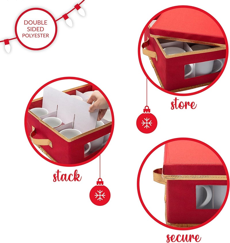 Simplify Holiday 12 Count Mug and Cup Storage Box | Christmas China | Cardboard Inserts | 4 x 4 Inch Compartments | Tableware Setting | Red - Image 3