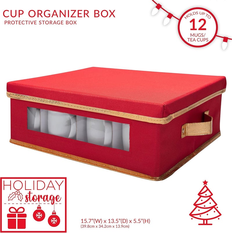 Simplify Holiday 12 Count Mug and Cup Storage Box | Christmas China | Cardboard Inserts | 4 x 4 Inch Compartments | Tableware Setting | Red - Image 2