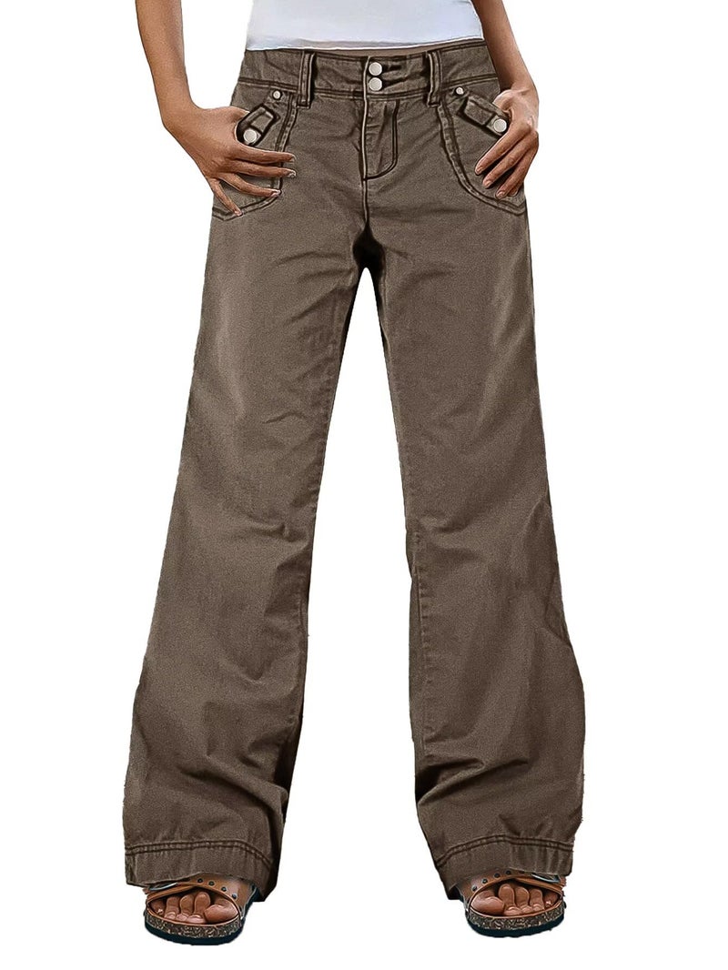Flamingals Straight Leg Pants for Women Mid Rise Baggy Cargo Solid Dual Button Patch Pocket Casual Pants Dark Khaki XL - Image 1