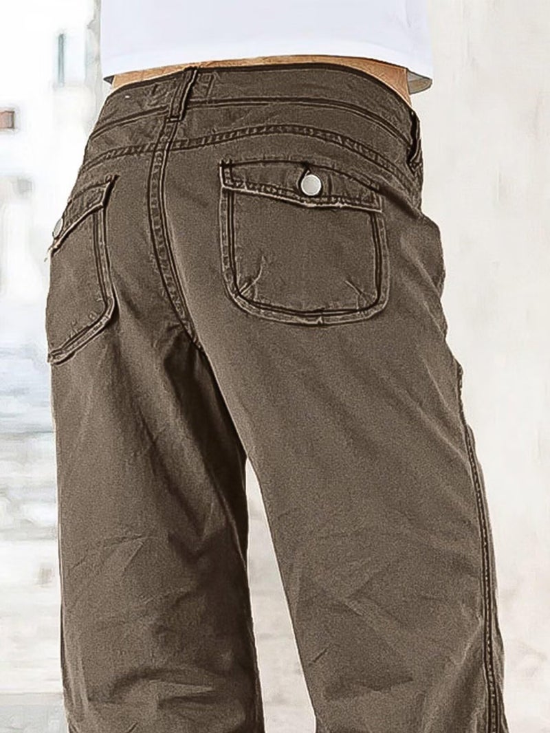 Flamingals Straight Leg Pants for Women Mid Rise Baggy Cargo Solid Dual Button Patch Pocket Casual Pants Dark Khaki XL - Image 4