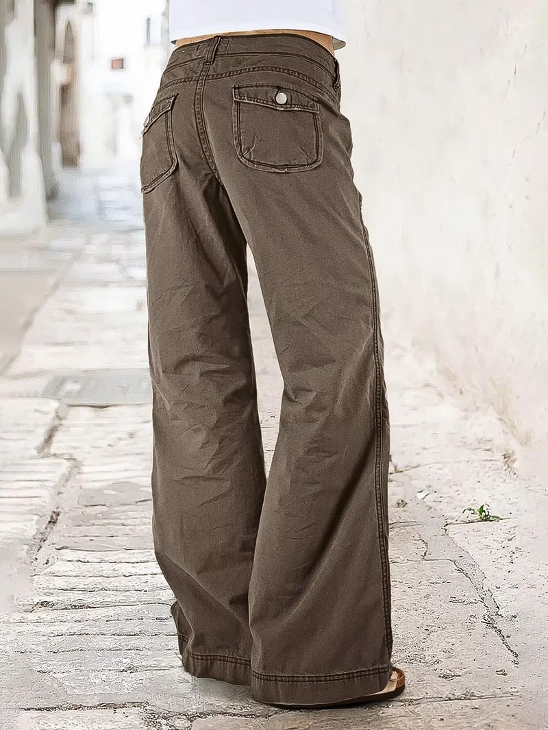 Flamingals Straight Leg Pants for Women Mid Rise Baggy Cargo Solid Dual Button Patch Pocket Casual Pants Dark Khaki XL - Image 5