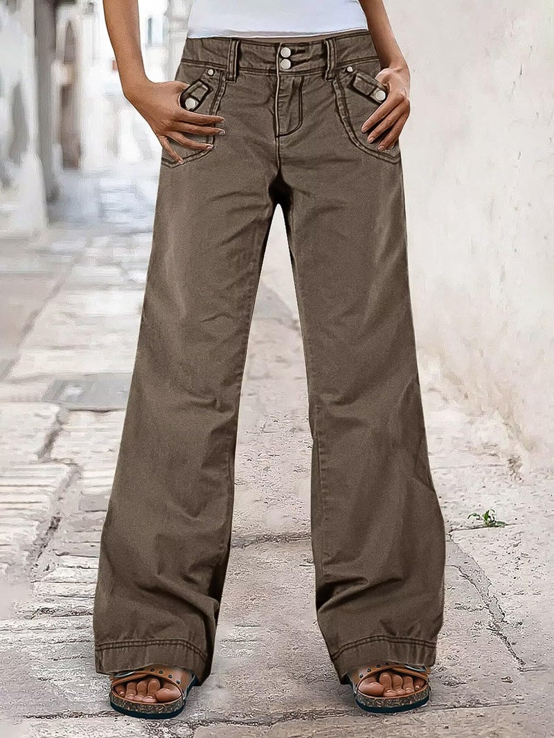 Flamingals Straight Leg Pants for Women Mid Rise Baggy Cargo Solid Dual Button Patch Pocket Casual Pants Dark Khaki XL - Image 3