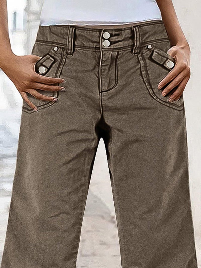 Flamingals Straight Leg Pants for Women Mid Rise Baggy Cargo Solid Dual Button Patch Pocket Casual Pants Dark Khaki XL - Image 2