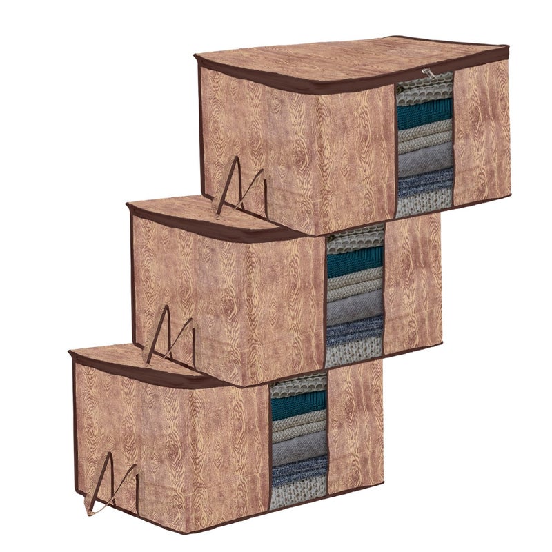 Kuber Industries Underbed Storage Bag Clothes Storage Bag Blanket Cover with Clear Window Zipper Closure Handle Cloth Organizer Wooden TextureDesign Large Pack of 3 Brown - Image 1