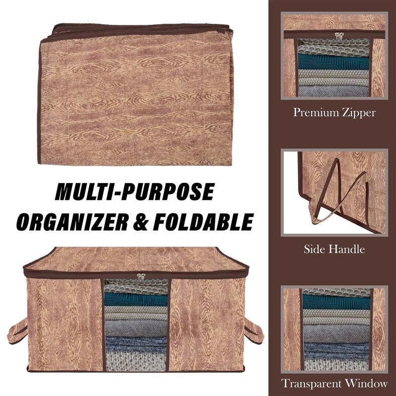 Kuber Industries Underbed Storage Bag Clothes Storage Bag Blanket Cover with Clear Window Zipper Closure Handle Cloth Organizer Wooden TextureDesign Large Pack of 3 Brown - Image 4